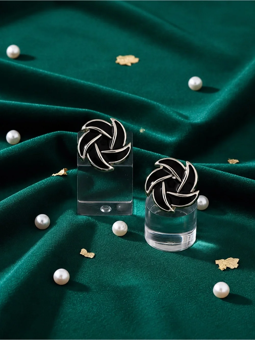 Anthropologie Classic Black Swirl Silver-Trim Stud Earrings - Women Jewelry NWOT